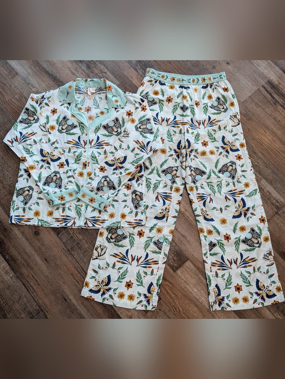Anthropologie LyreBird Real Fun Cloud Flannel Pajama Set Leopard Floral Sz XS/S